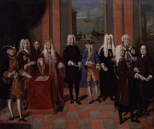 Um grupo de membros da Igreja da Morávia com Jorge II , retratado em um retrato de Johann Valentin Haidt , c.  1752-1754​